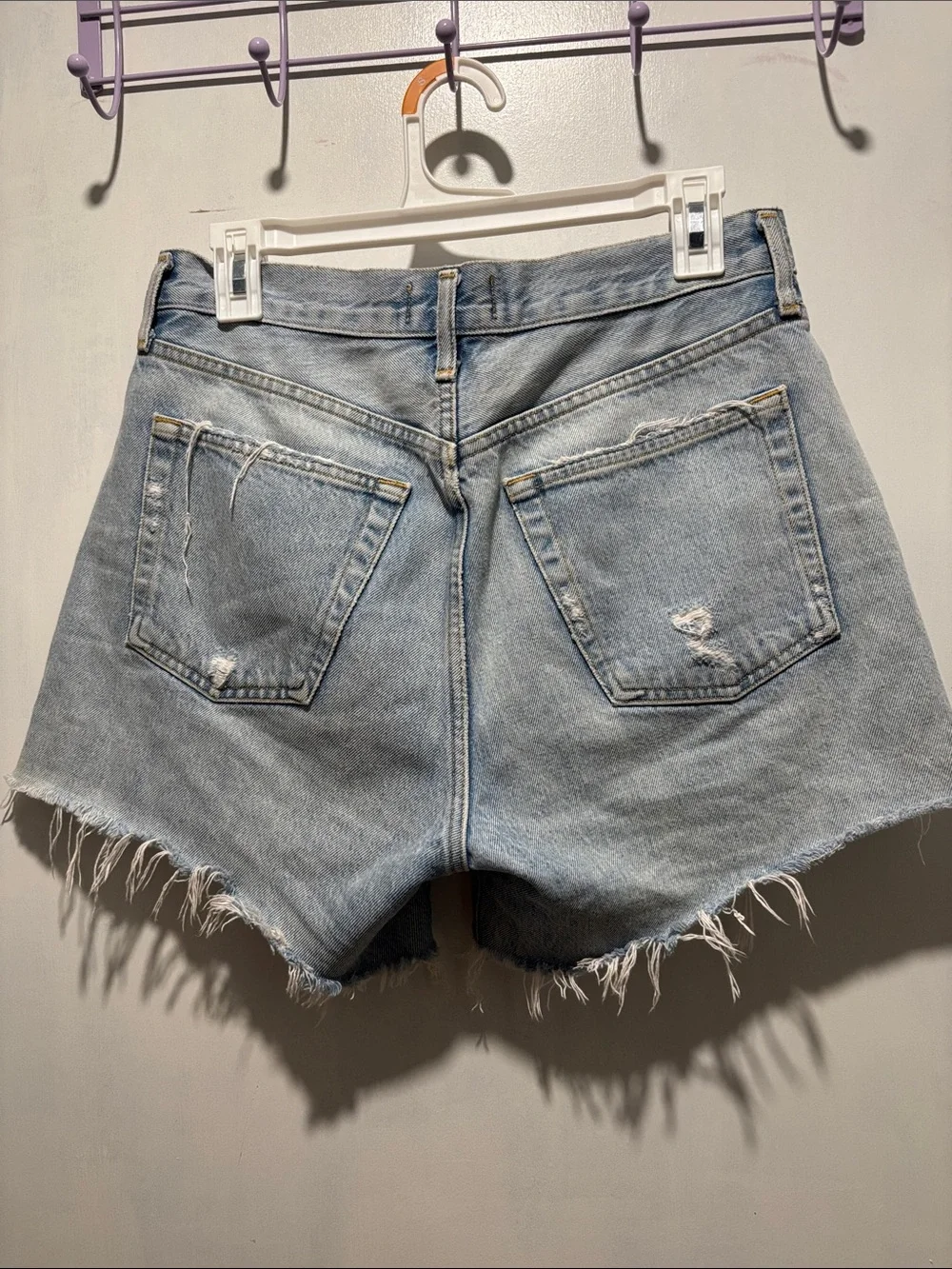 AGOLDE Parker distressed long denim shorts